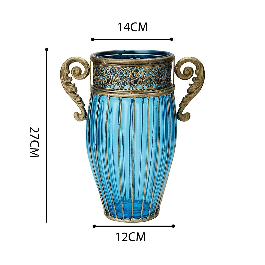 Blue European Colored Glass Home Decor Jar Flower Vase with Two Metal Handle Vases Fast shipping On sale