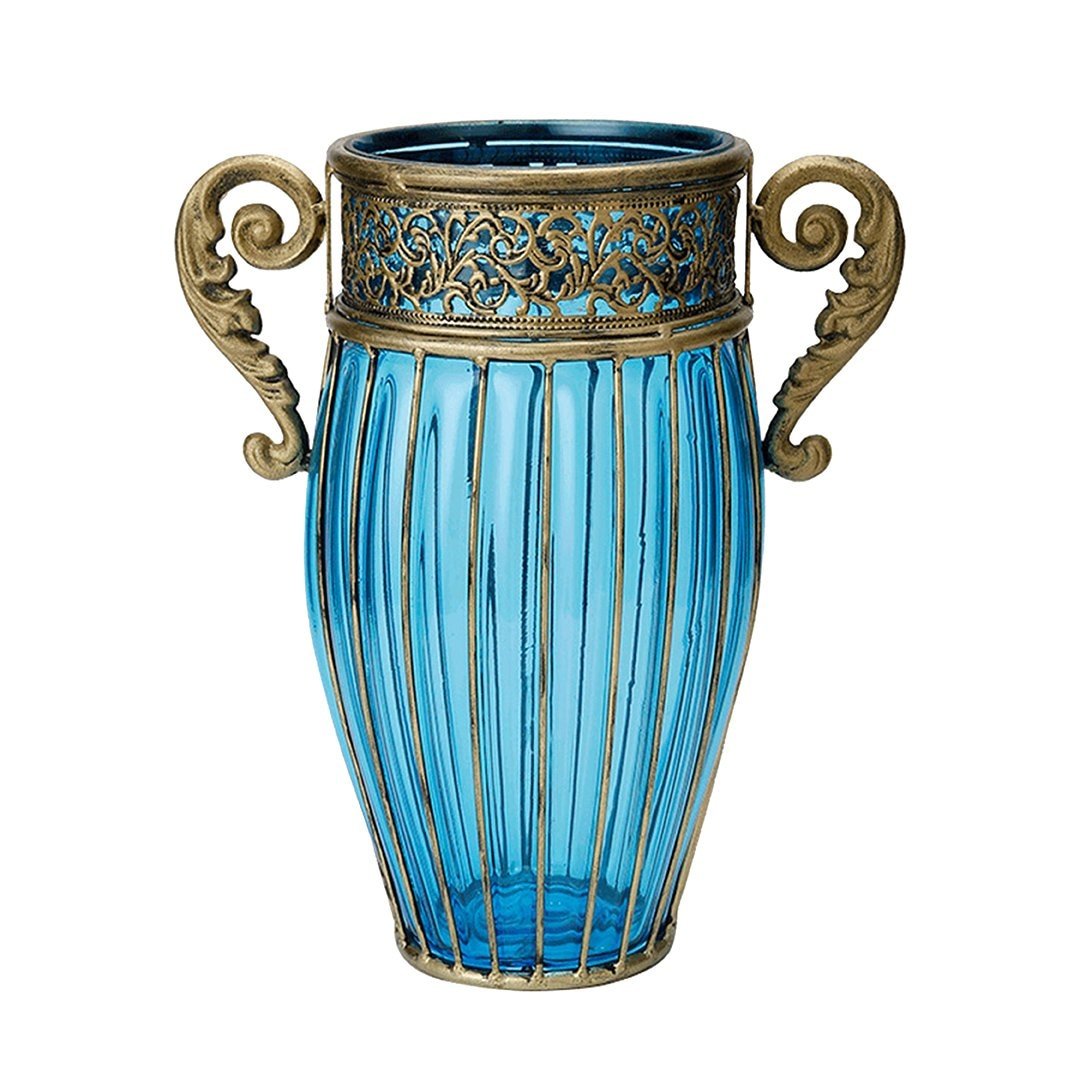 Blue European Colored Glass Home Decor Jar Flower Vase with Two Metal Handle Vases Fast shipping On sale