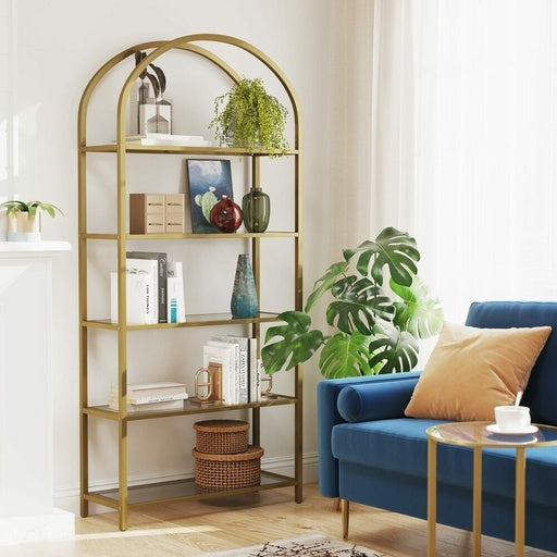Bookshelf with Tempered Glass Shelves Bookcase Gold Fast shipping On sale