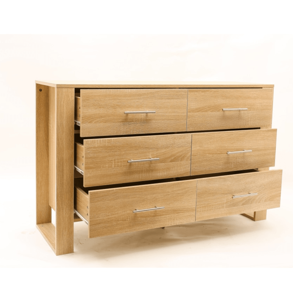 Modern Wooden Chest Of 6 - Drawers Dresser Lowboy Sideboard Cabinet - Oak Drawers Fast shipping On sale