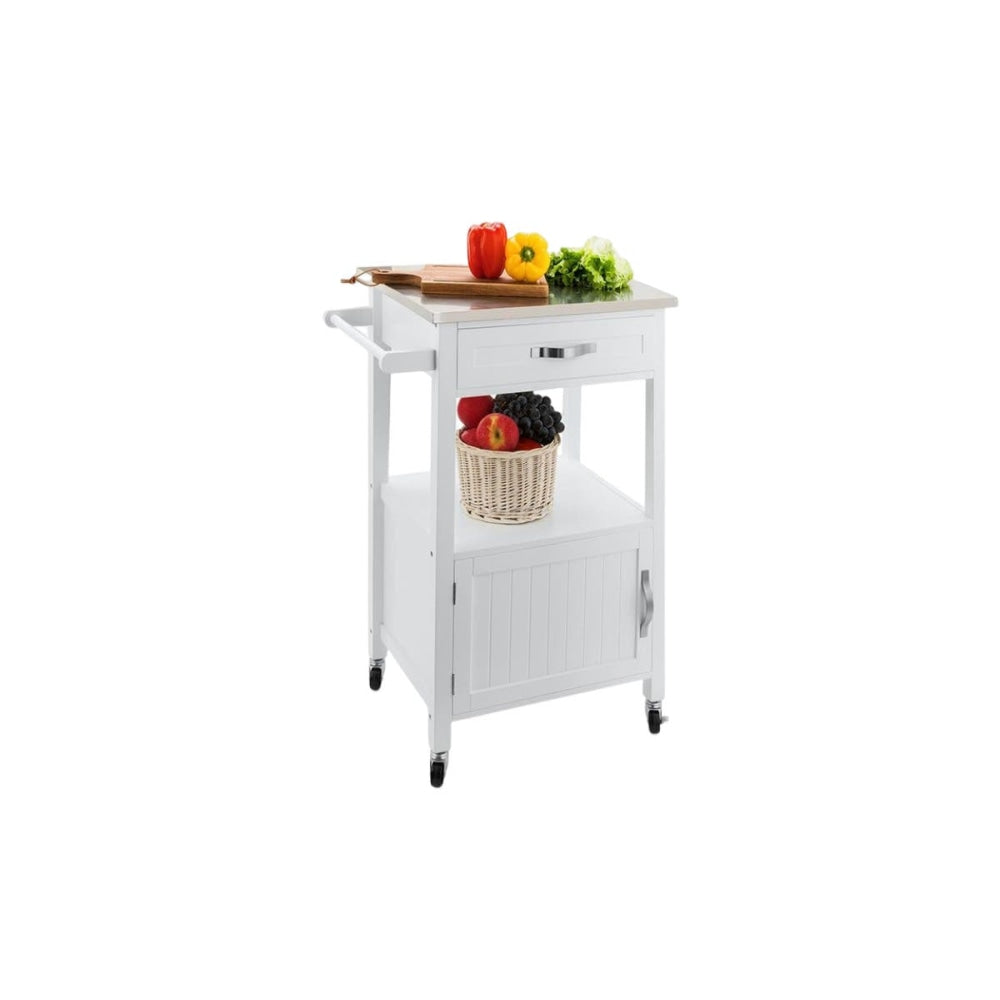 Burnie Stainless Steel Top Wooden Frame Kitchen Table Trolley - White Fast shipping On sale