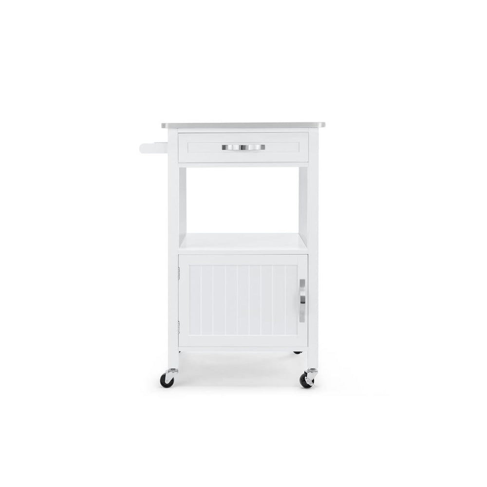 Burnie Stainless Steel Top Wooden Frame Kitchen Table Trolley - White Fast shipping On sale