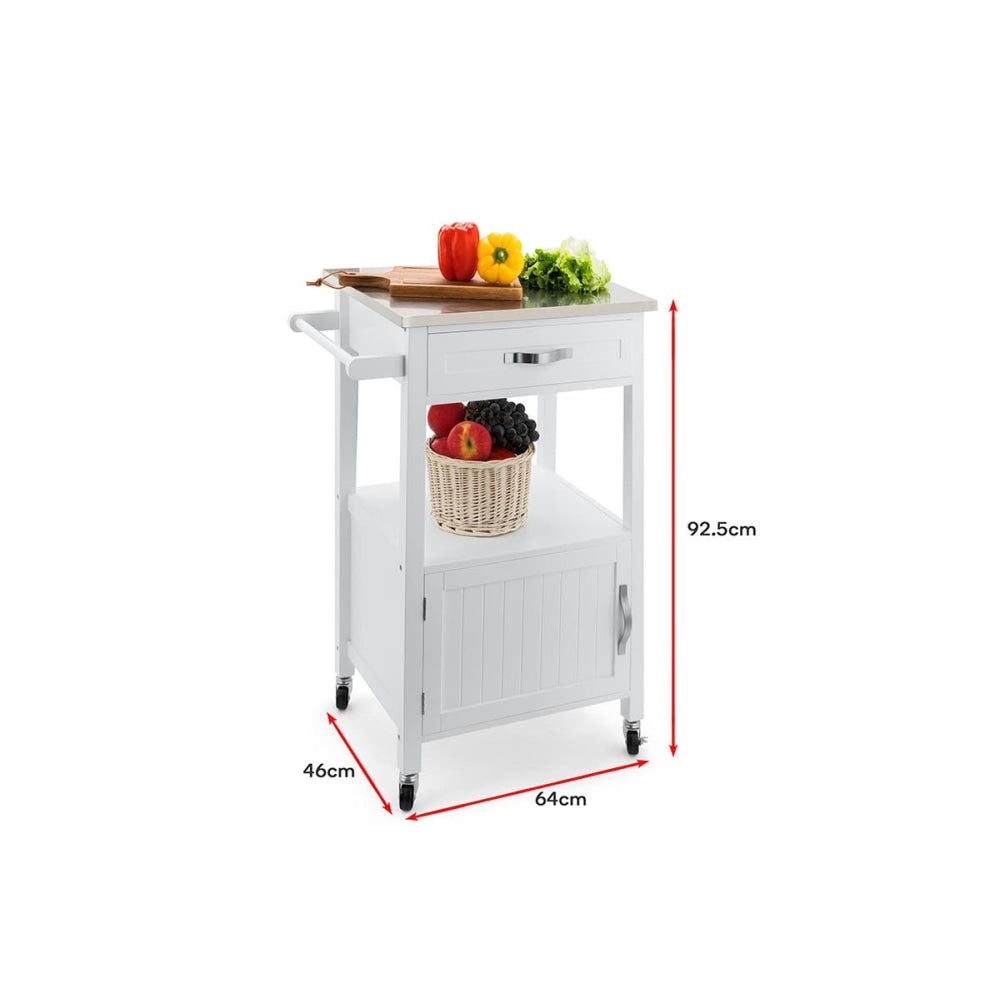 Burnie Stainless Steel Top Wooden Frame Kitchen Table Trolley - White Fast shipping On sale