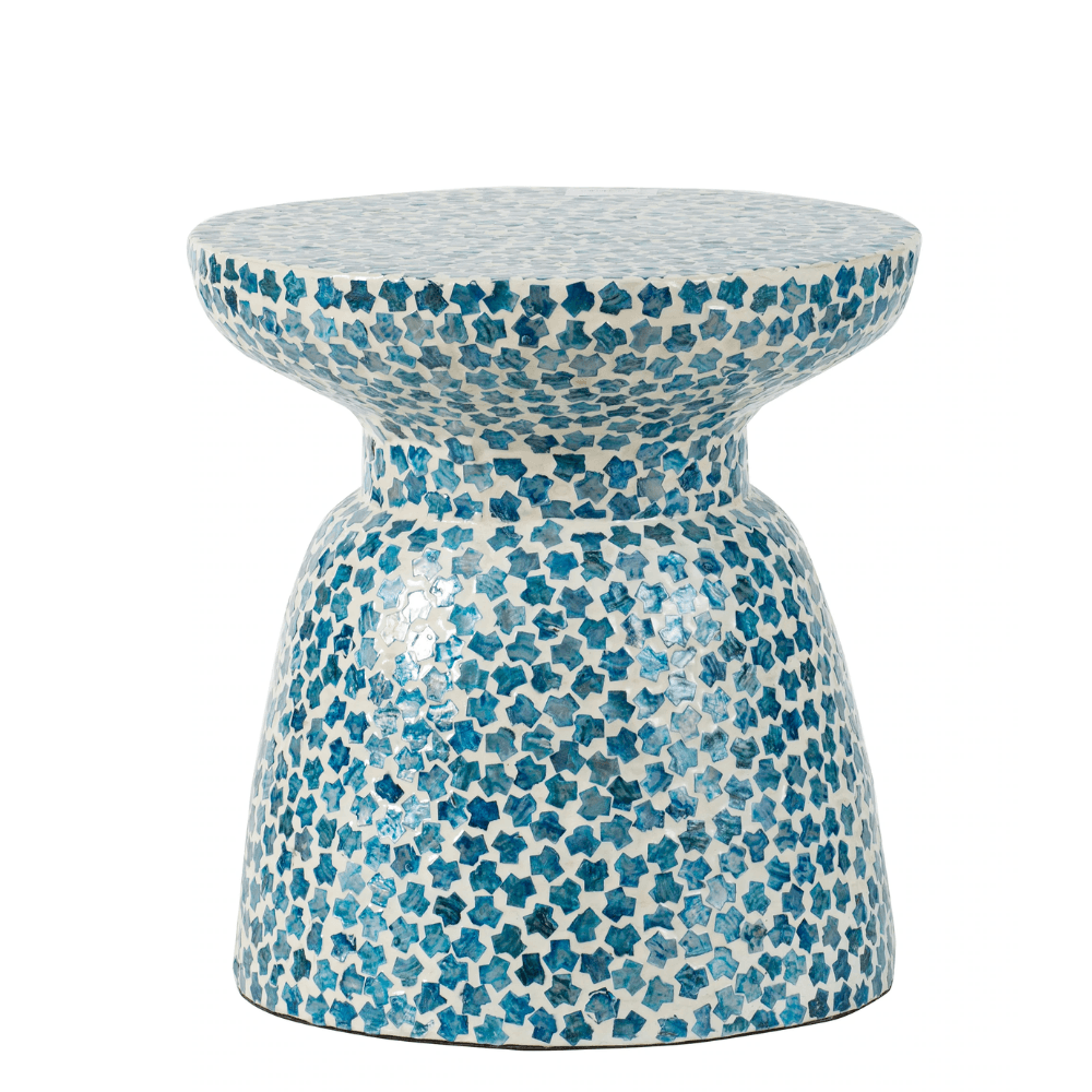 Carribean Shell Round Wood Stool Side Table - Blue Fast shipping On sale