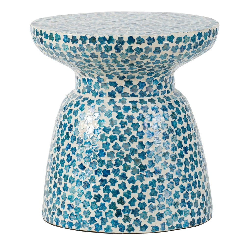 Carribean Shell Round Wood Stool Side Table - Blue Fast shipping On sale