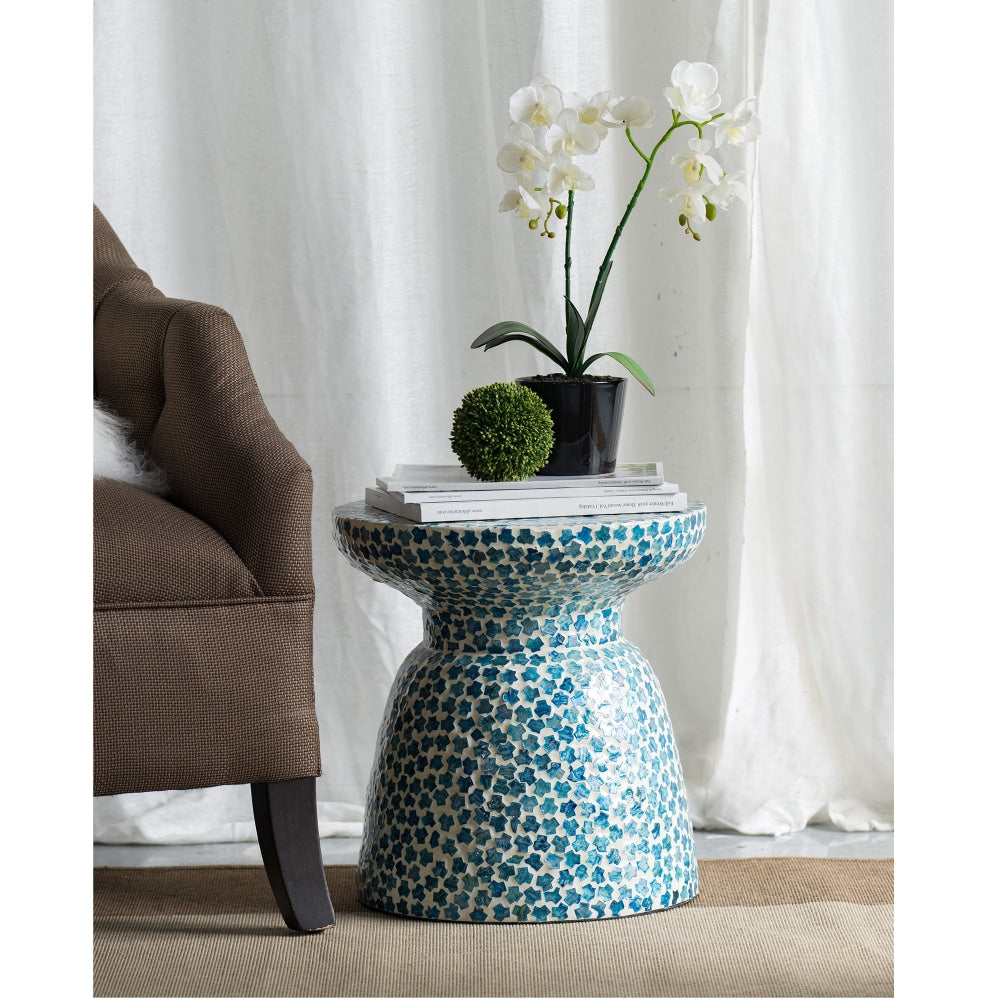 Carribean Shell Round Wood Stool Side Table - Blue Fast shipping On sale