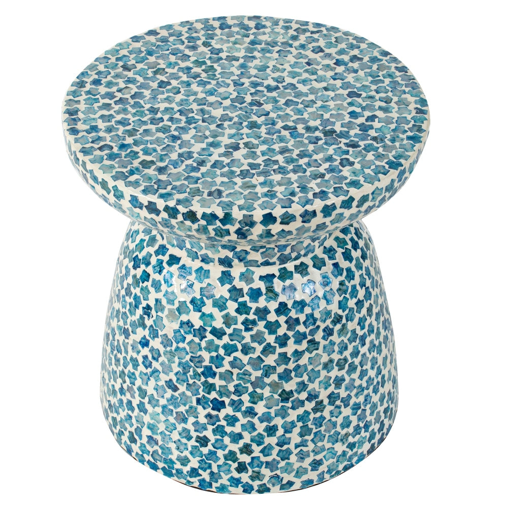 Carribean Shell Round Wood Stool Side Table - Blue Fast shipping On sale