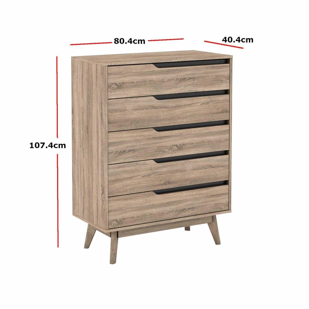 Chase Scandinavian Tallboy 5 Drawers Chest Cabinet - Oak Of Fast shipping On sale