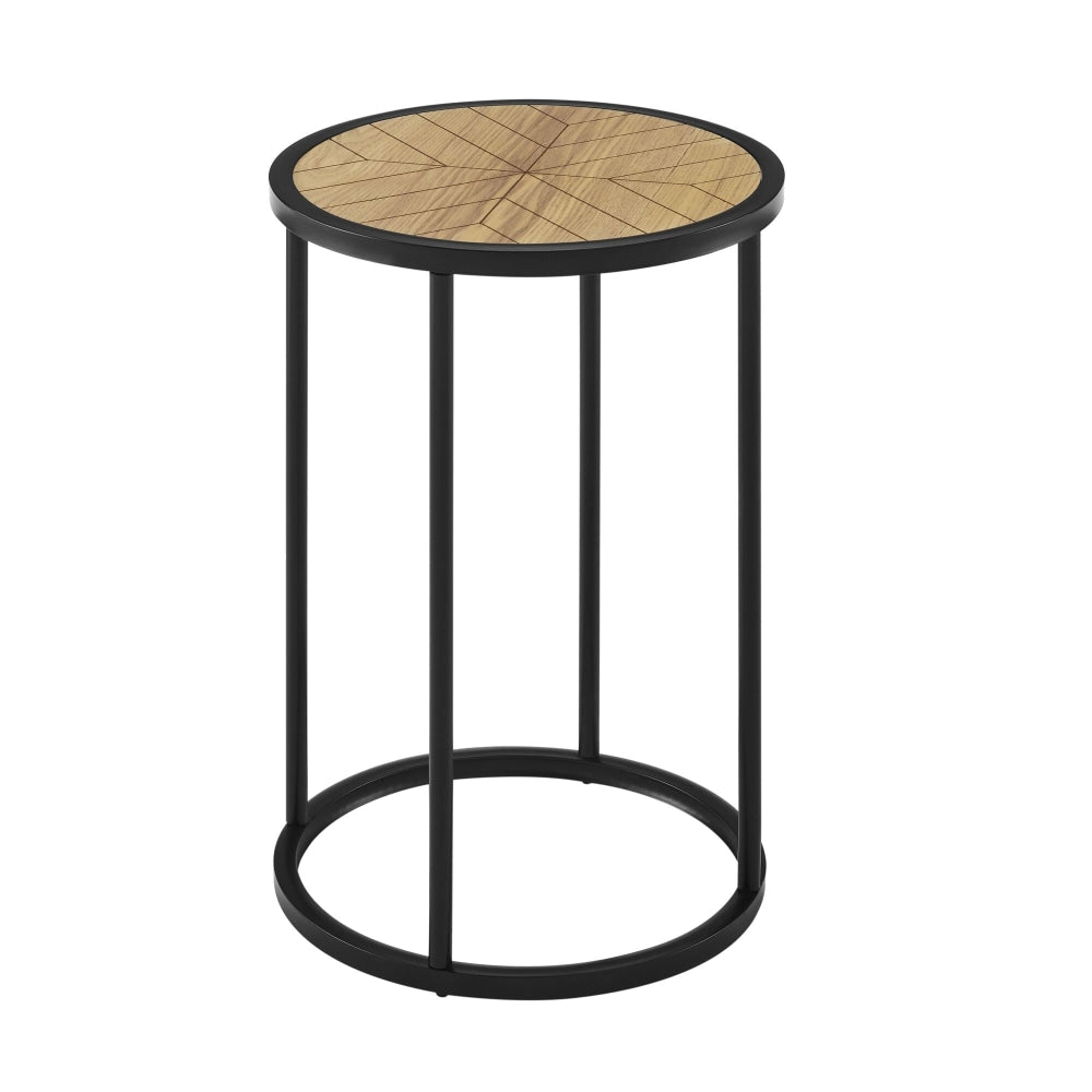 Chevron Round Wood Top Metal Frame End Lamp Side Table - Black & Ash Veneer Fast shipping On sale