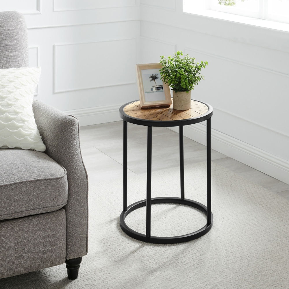 Chevron Round Wood Top Metal Frame End Lamp Side Table - Black & Ash Veneer Fast shipping On sale