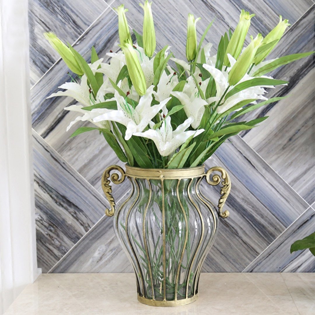 Clear European Glass Home Decor Flower Vase with Two Metal Handle Vases Fast shipping On sale