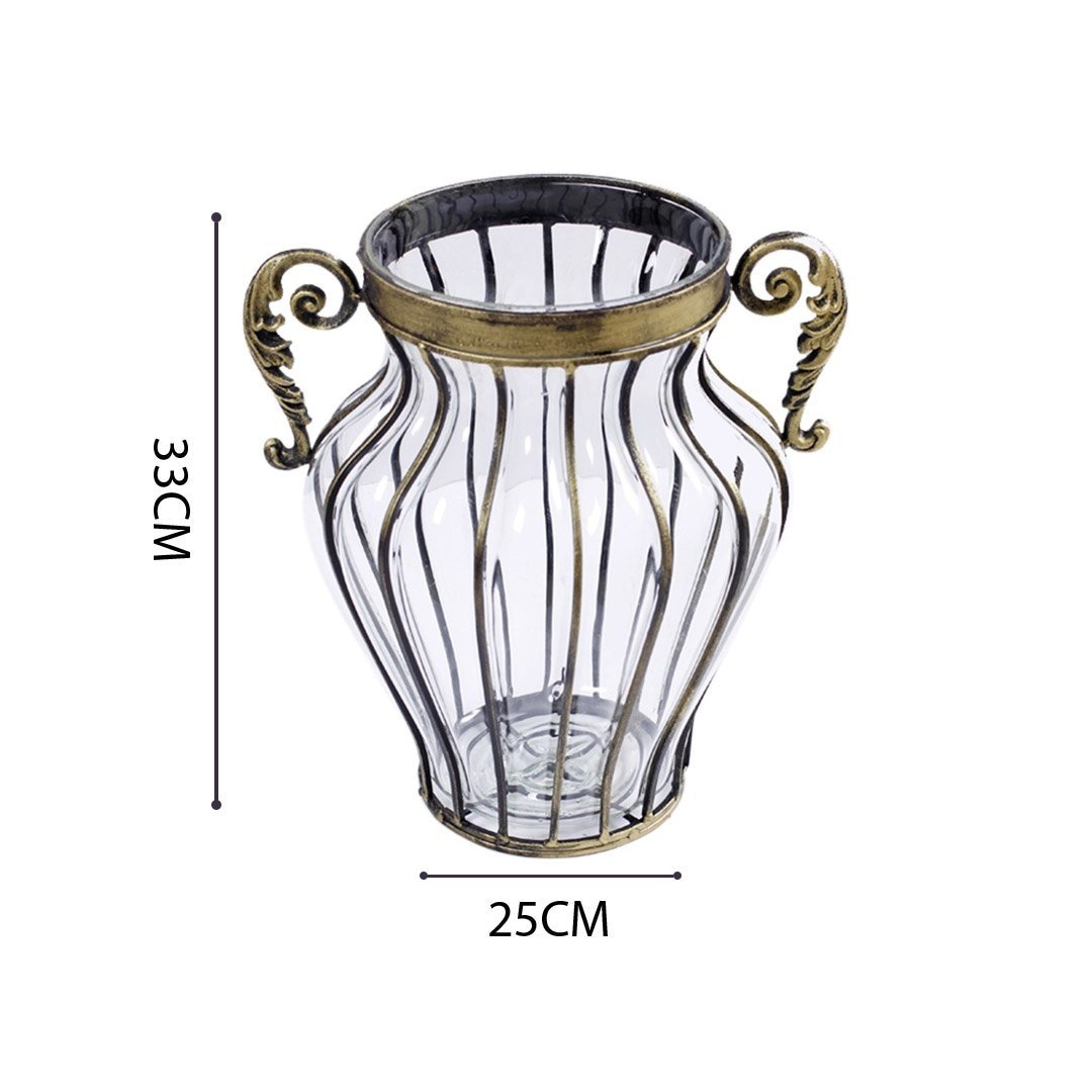Clear European Glass Home Decor Flower Vase with Two Metal Handle Vases Fast shipping On sale