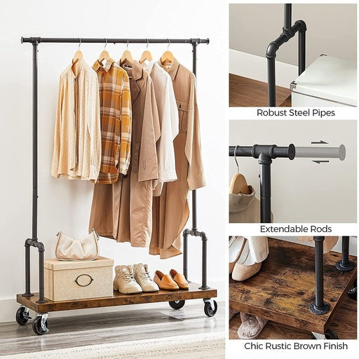 Clothes Coat Rack Single Rail with Wheels Vintage Brown Fast shipping On sale