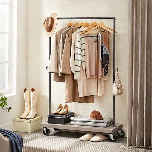 Clothes Coat Rack Single Rail with Wheels Greige Fast shipping On sale