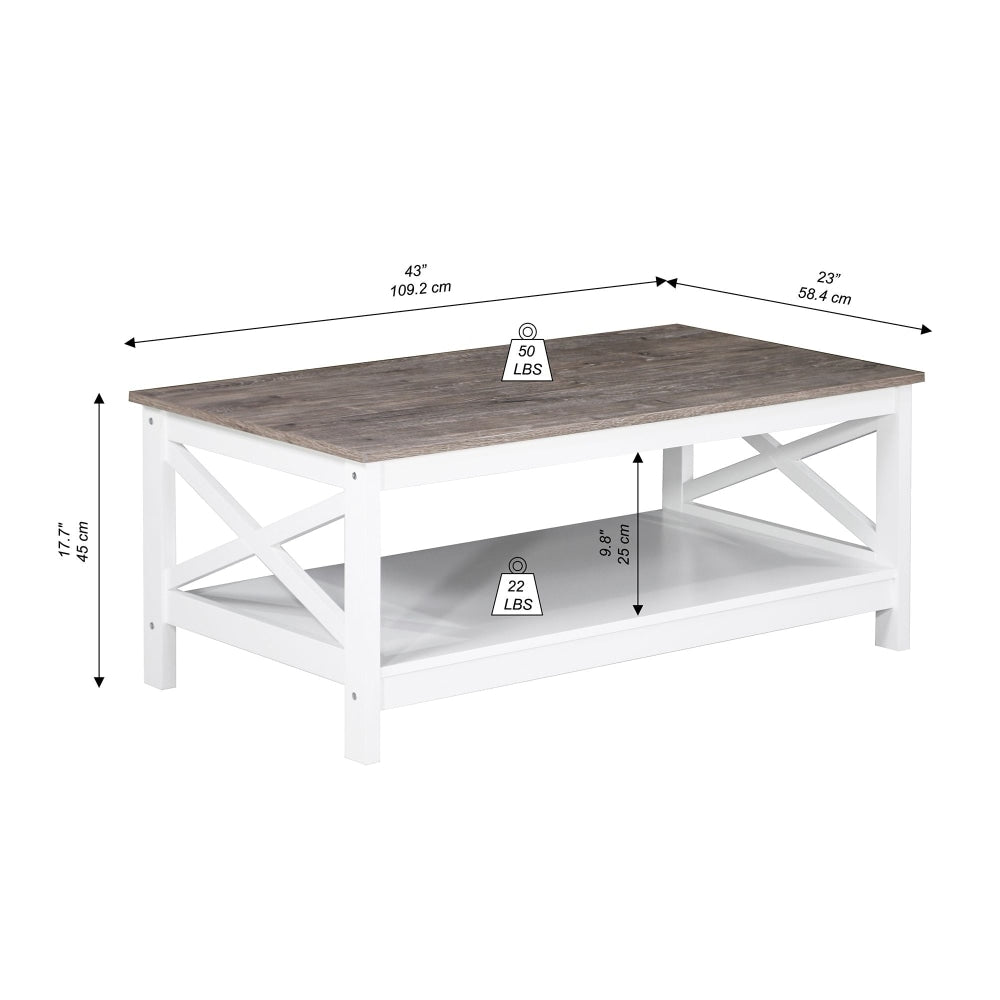 Coastal Wooden Rectangular Open Shelf Coffee Table - White & Grey Fast shipping On sale