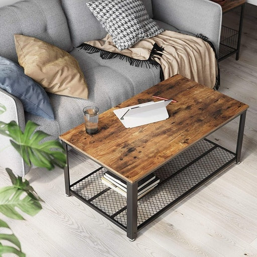 Coffee Table Rectangle with Mesh Shelf Rustic Brown Fast shipping On sale