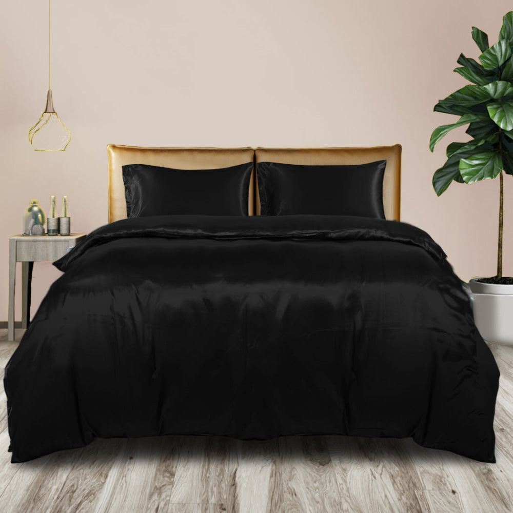 DreamZ Silky Satin Quilt Cover Set Bedspread Pillowcases Summer Double Black Fast shipping On sale