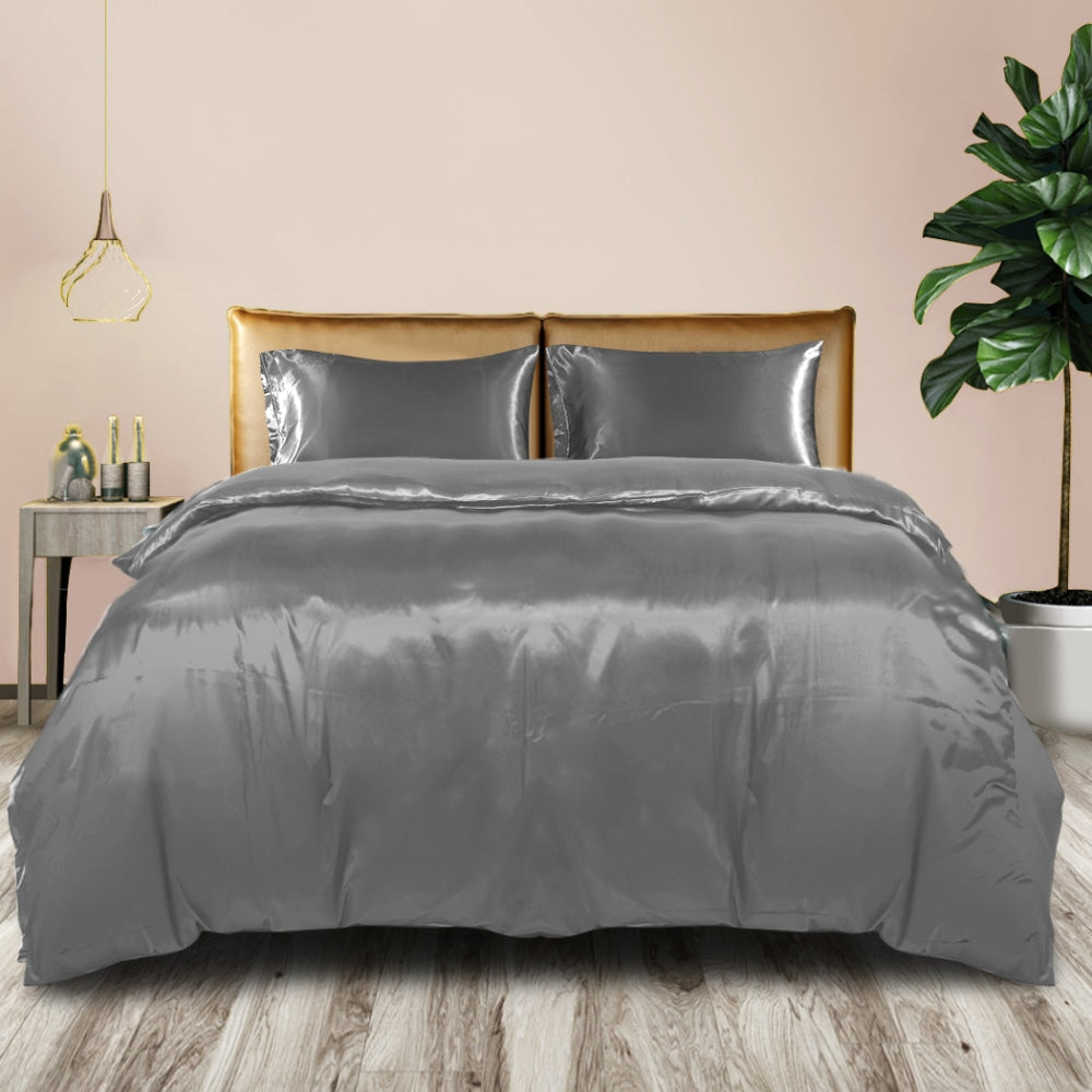 DreamZ Silky Satin Quilt Cover Set Bedspread Pillowcases Summer King Grey Fast shipping On sale