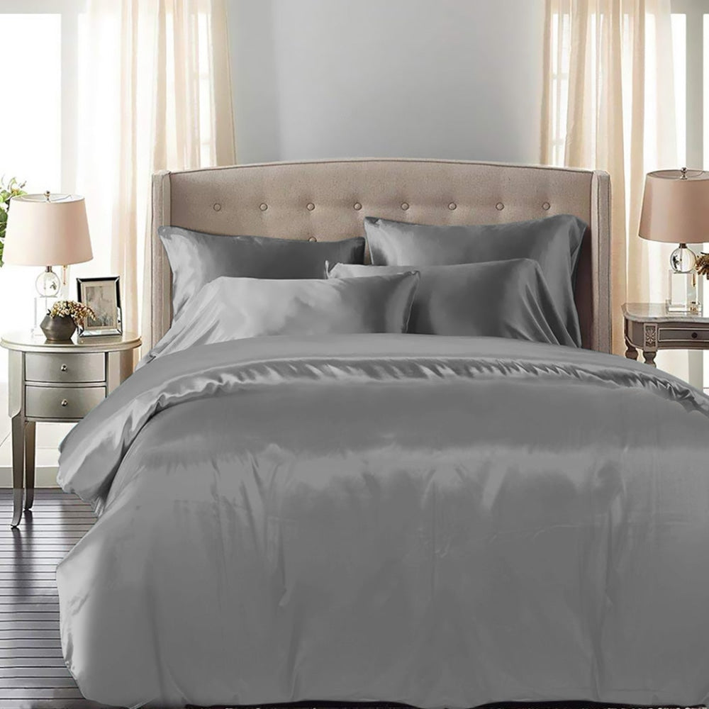 DreamZ Silky Satin Quilt Cover Set Bedspread Pillowcases Summer King Grey Fast shipping On sale