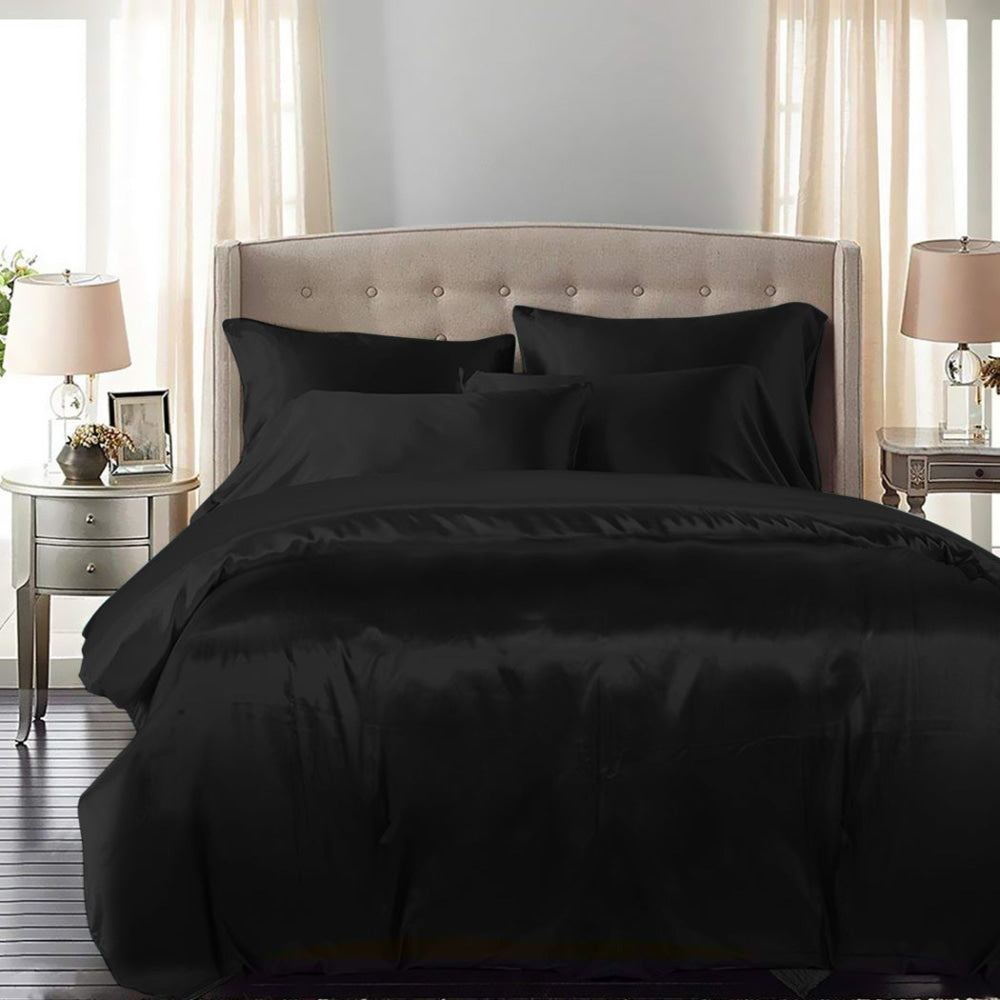 DreamZ Silky Satin Quilt Cover Set Bedspread Pillowcases Summer Queen Black Fast shipping On sale