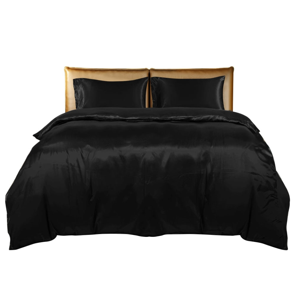 DreamZ Silky Satin Quilt Cover Set Bedspread Pillowcases Summer Queen Black Fast shipping On sale