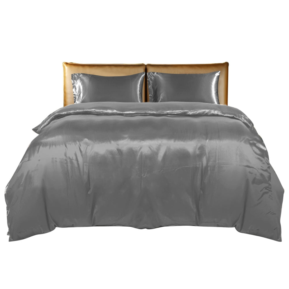 DreamZ Silky Satin Quilt Cover Set Bedspread Pillowcases Summer Queen Grey Fast shipping On sale