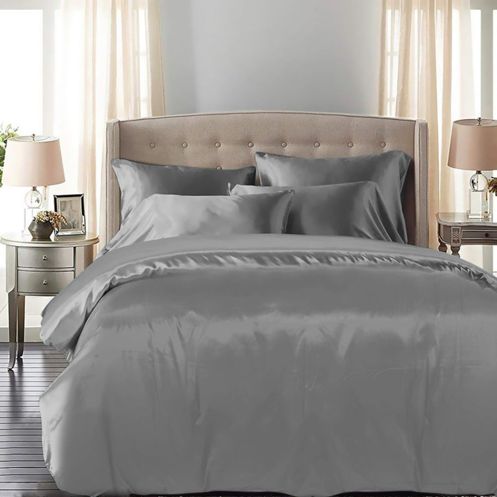 DreamZ Silky Satin Quilt Cover Set Bedspread Pillowcases Summer Queen Grey Fast shipping On sale