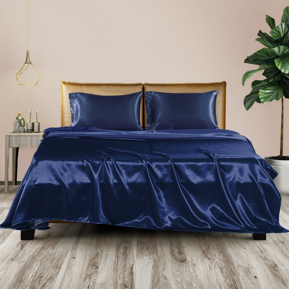 DreamZ Silky Satin Sheets Fitted Flat Bed Sheet Pillowcases Summer Double Blue Fast shipping On sale
