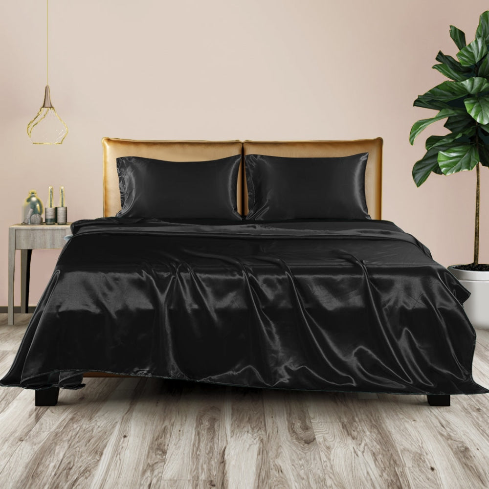 DreamZ Silky Satin Sheets Fitted Flat Bed Sheet Pillowcases Summer King Black Fast shipping On sale