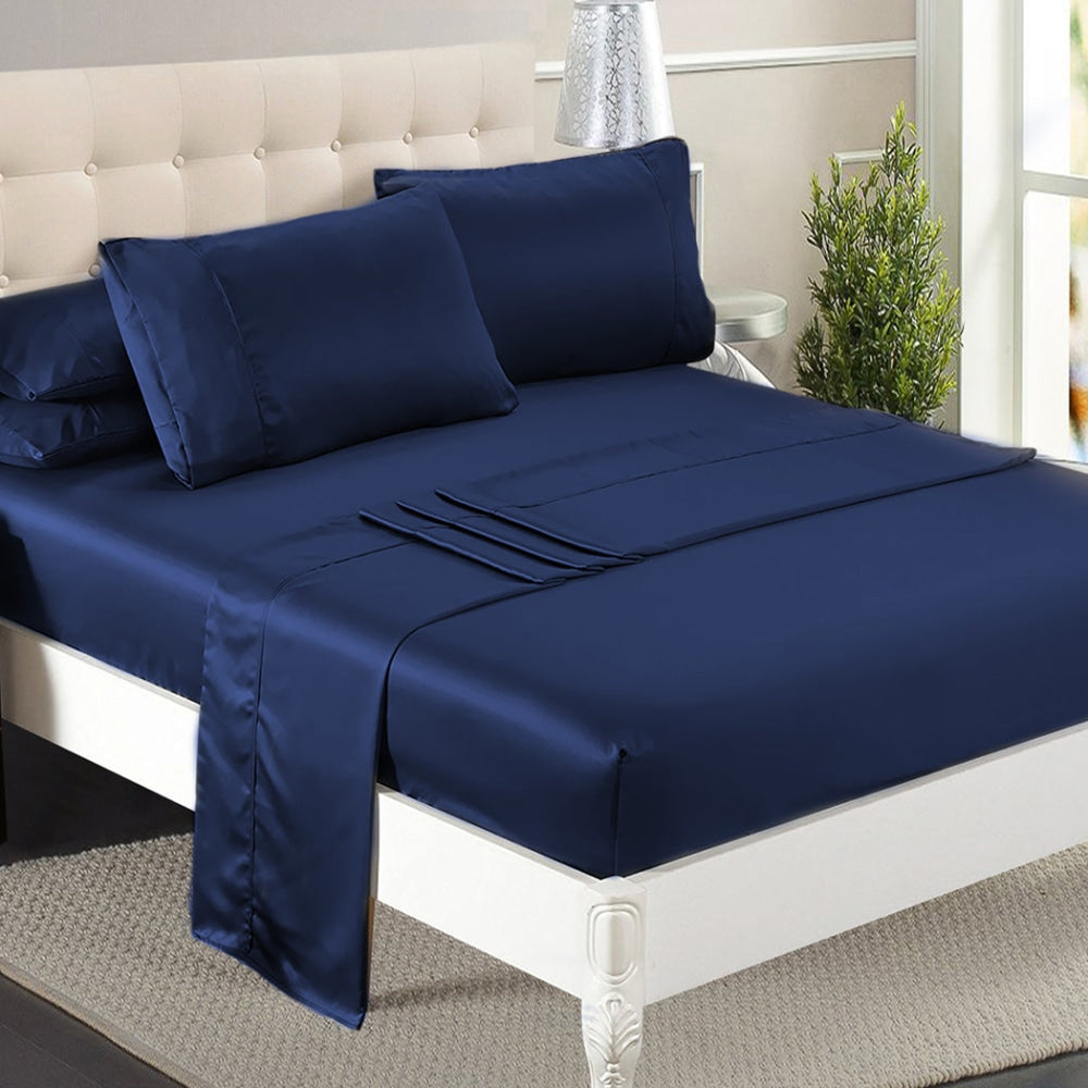 DreamZ Silky Satin Sheets Fitted Flat Bed Sheet Pillowcases Summer King Blue Fast shipping On sale