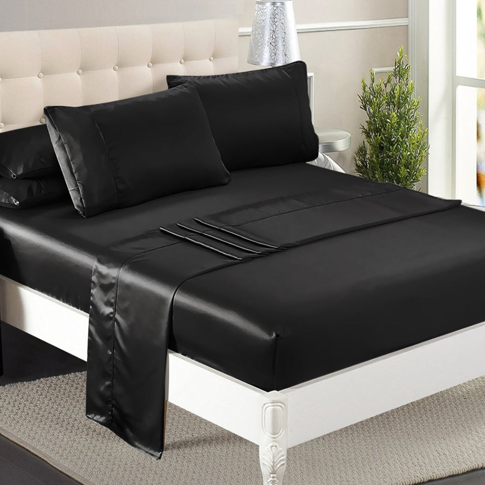 DreamZ Silky Satin Sheets Fitted Flat Bed Sheet Pillowcases Summer Queen Black Fast shipping On sale