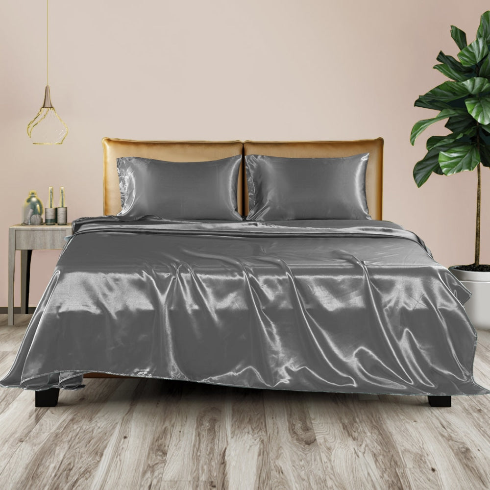DreamZ Silky Satin Sheets Fitted Flat Bed Sheet Pillowcases Summer Queen Grey Fast shipping On sale