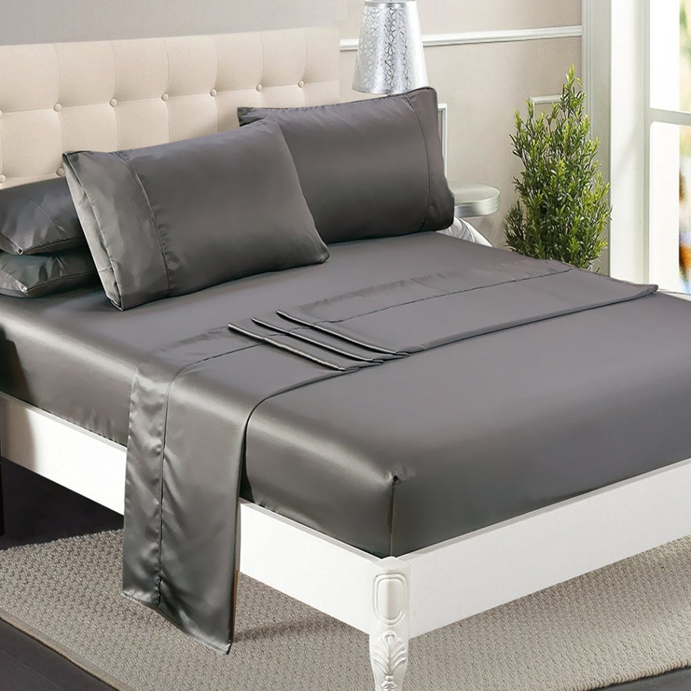 DreamZ Silky Satin Sheets Fitted Flat Bed Sheet Pillowcases Summer Single Grey Fast shipping On sale