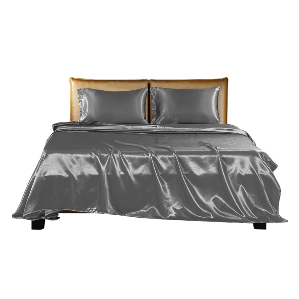 DreamZ Silky Satin Sheets Fitted Flat Bed Sheet Pillowcases Summer Single Grey Fast shipping On sale