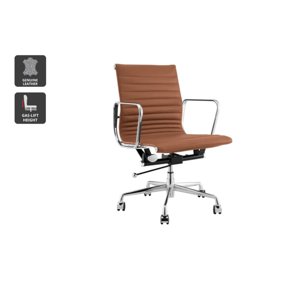 Eames Replica Standard Aluminium Low Back Office Computer Work Task Chair - Tan Leather Fast shipping On sale