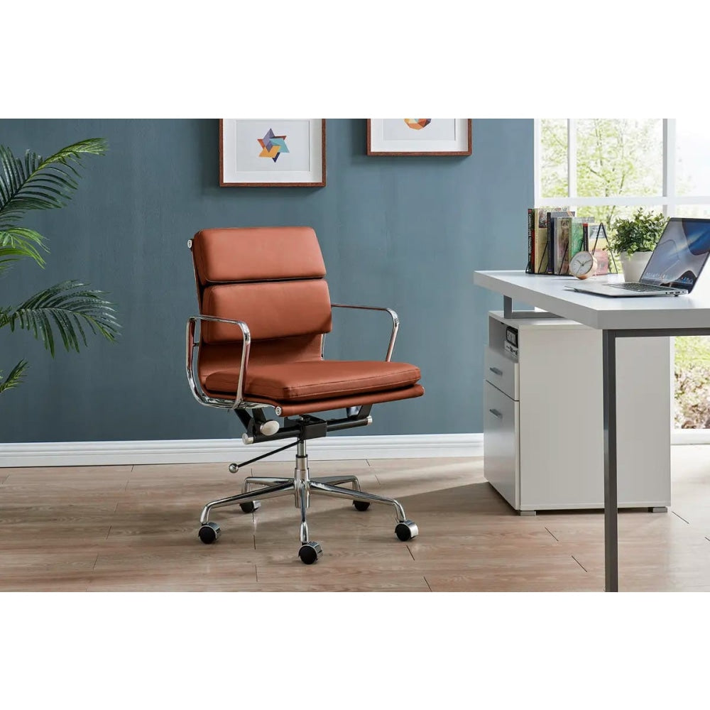 Eames Replica Standard Aluminium Padded Low Back Office Computer Work Task Chair - Tan Leather Fast shipping On sale