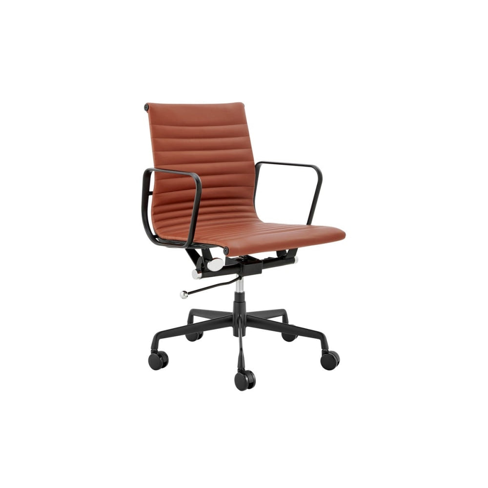 Eames Replica Standard Matte Black Aluminium Low Back Office Computer Work Task Chair - Tan Leather Fast shipping On sale