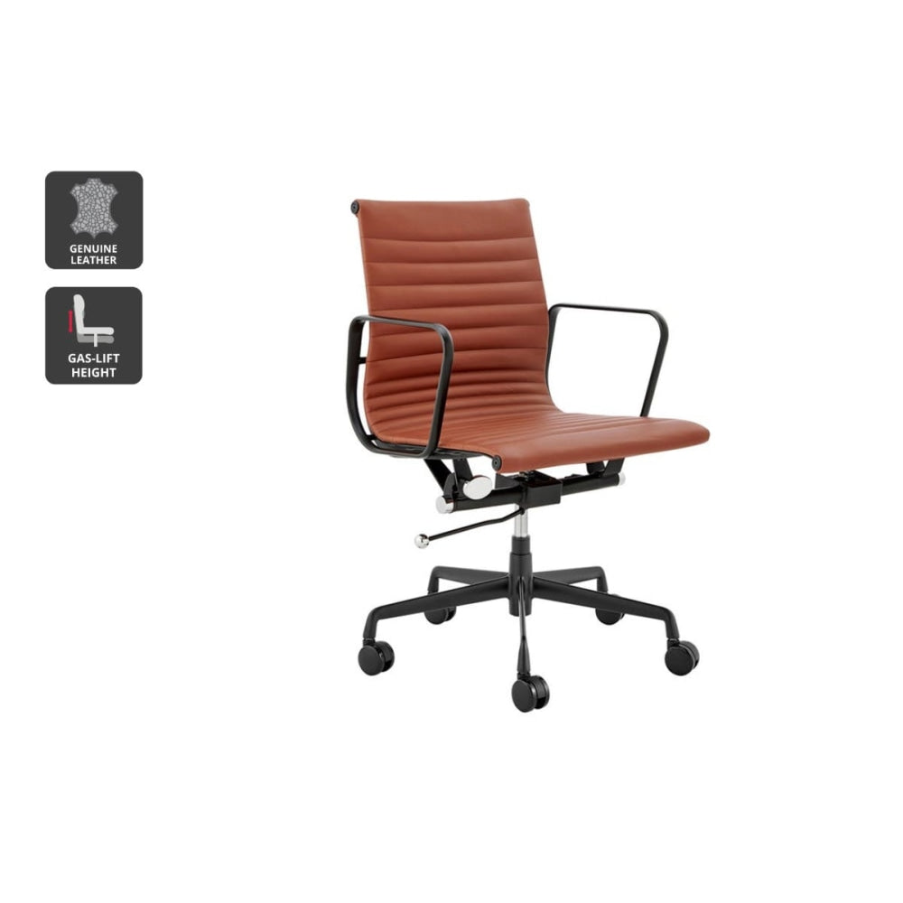 Eames Replica Standard Matte Black Aluminium Low Back Office Computer Work Task Chair - Tan Leather Fast shipping On sale