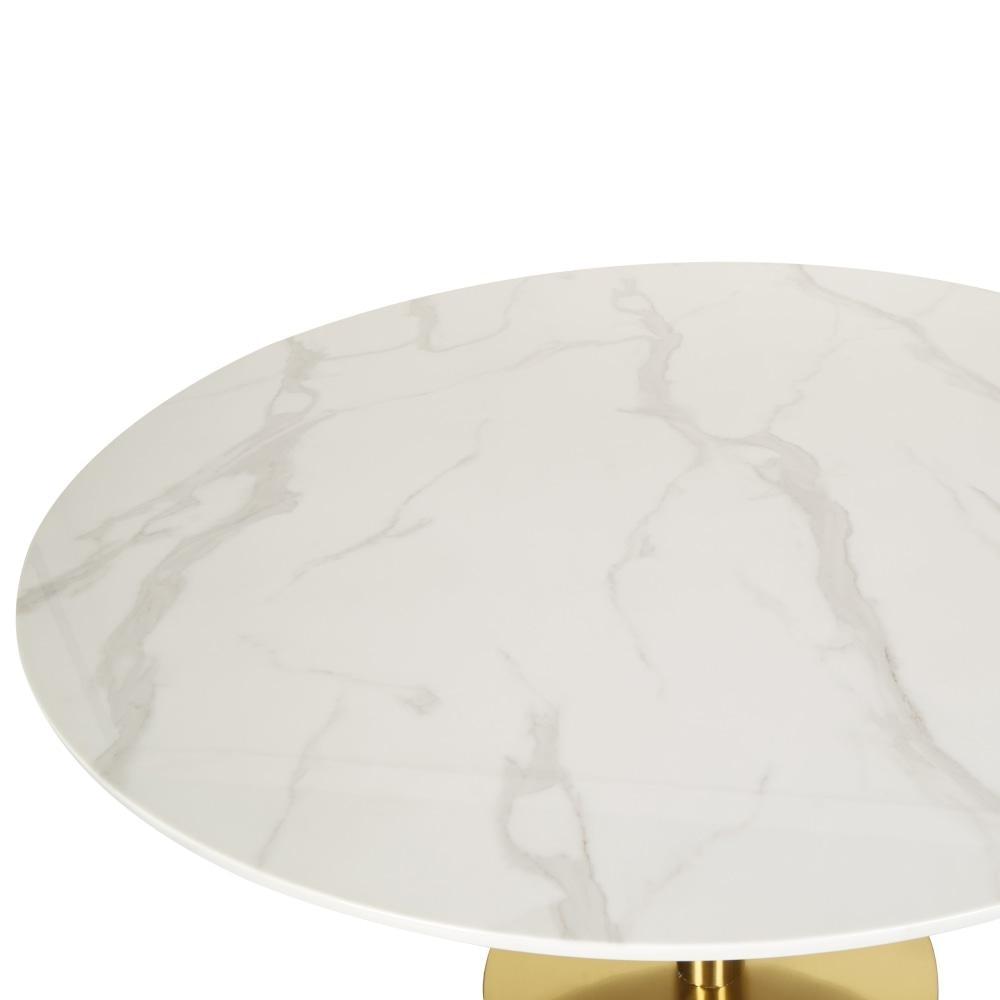 Elskar Round Dining Table With Marble Effect 90cm - Gold Metal Frame - White Agaria Fast shipping On sale