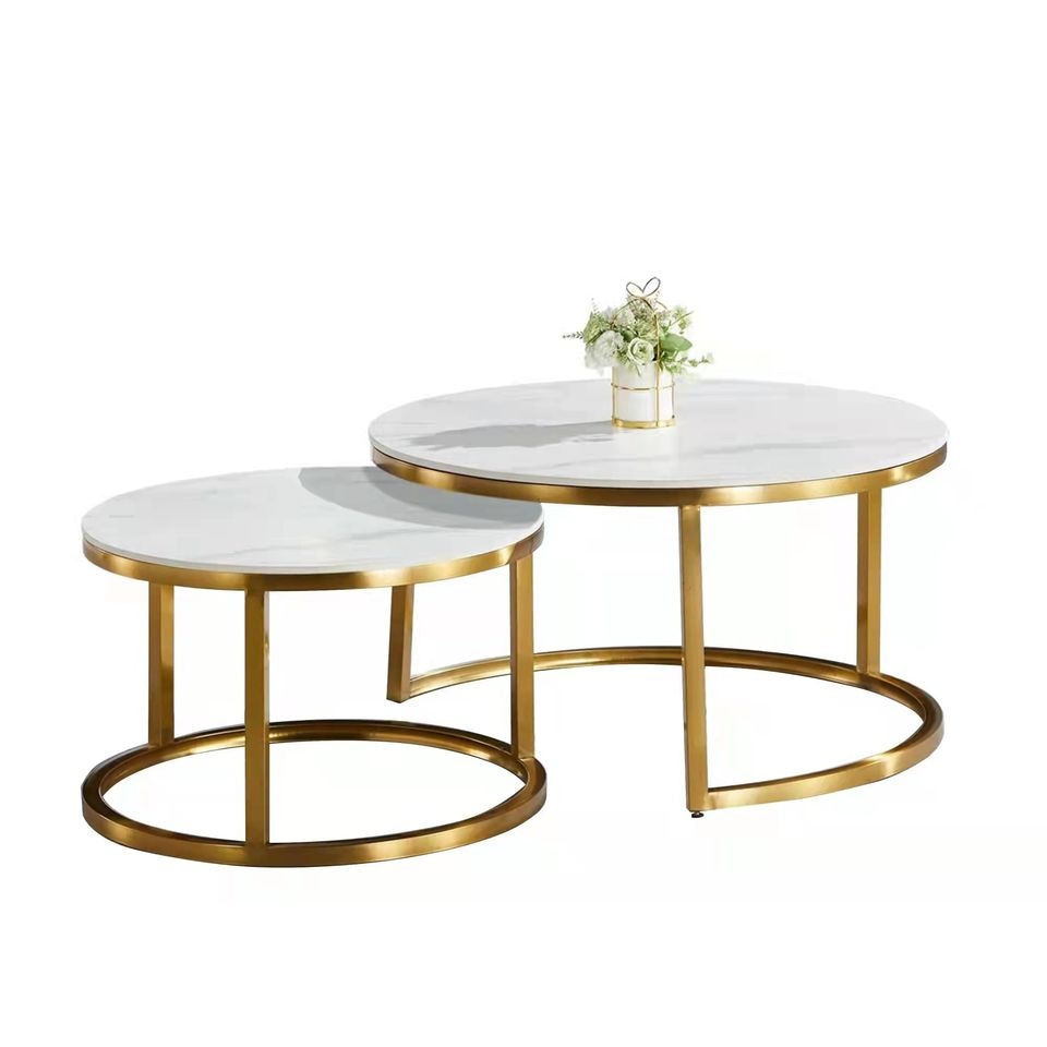 Emery Round Nesting Sintered Stone Coffee Table - White & Gold Fast shipping On sale