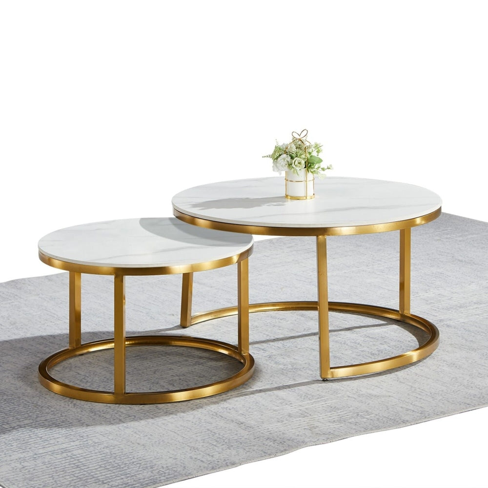 Emery Round Nesting Sintered Stone Coffee Table - White & Gold Fast shipping On sale