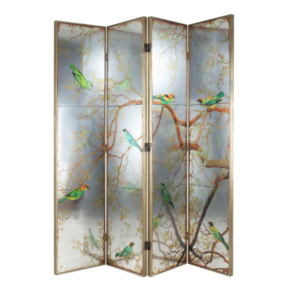 Exotic Oriental Melodies Mirror Bird 4 Panels Room Divider Dressing Screen Fast shipping On sale
