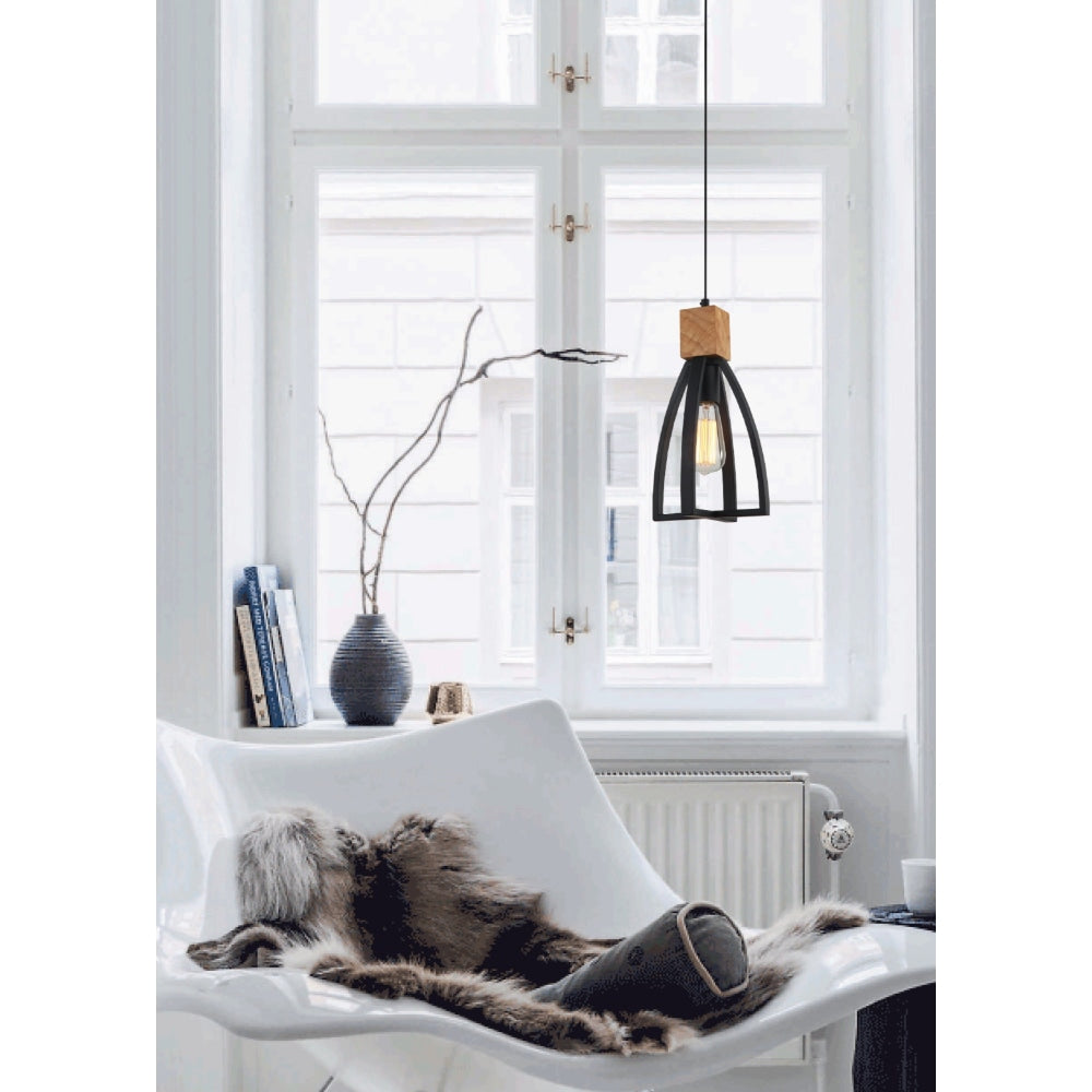 FARO Pendant Lamp Light Interior ES Matte Black Convex Cone with Wood Highlight OD180mm Fast shipping On sale