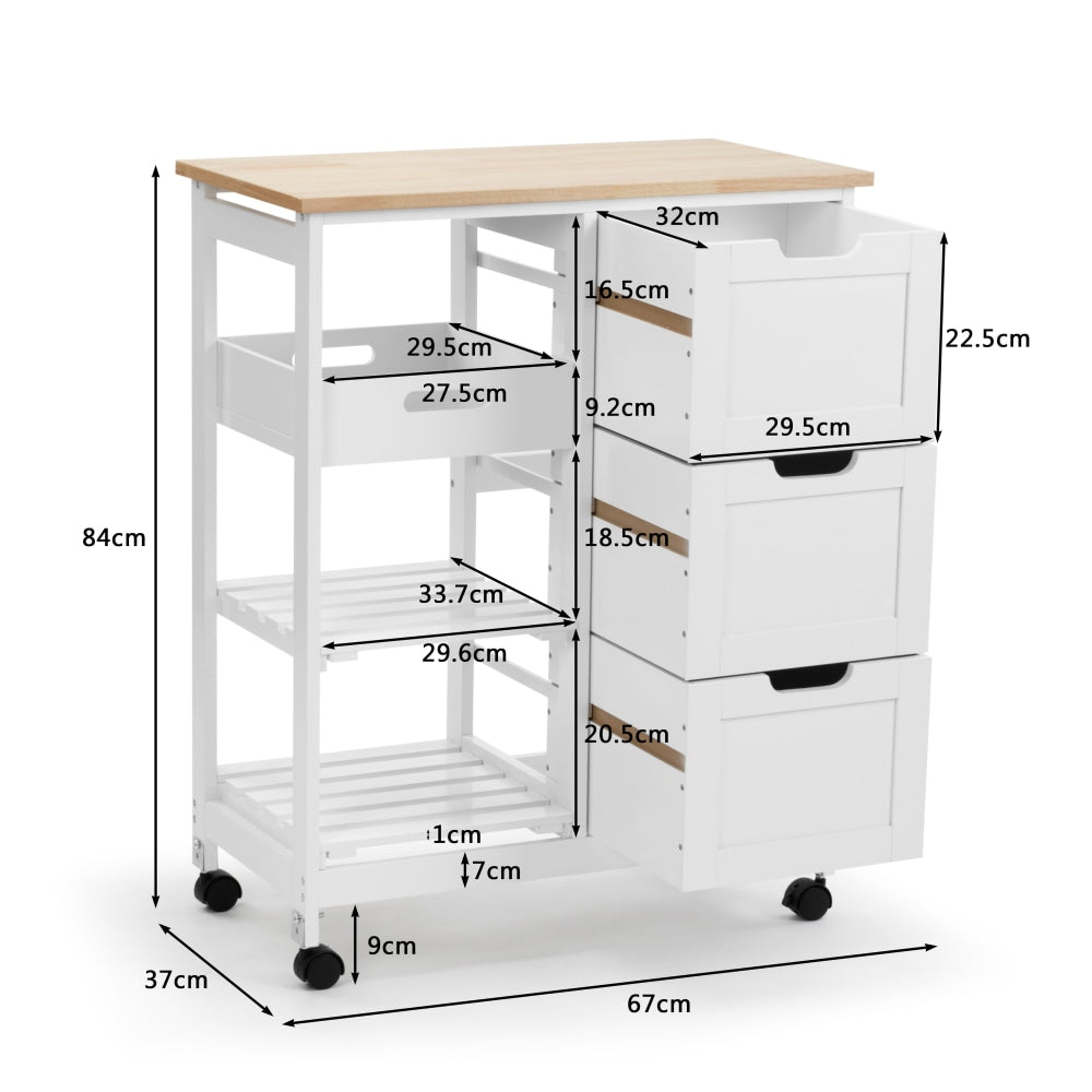 Fiona Kitchen Trolley Storage Cabinet 3-Drawers 2-Shelves & Tray - White/Oak Fast shipping On sale