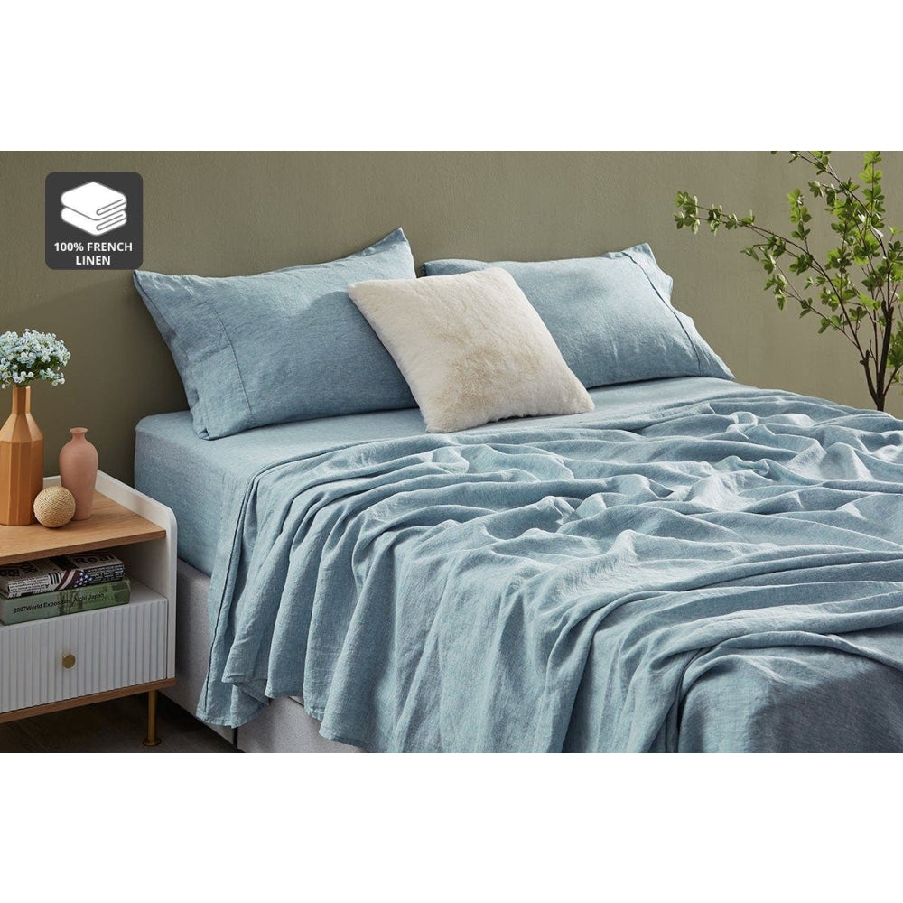 Gabriel French Linen Chambray Bed Sheet Set - Blue Double Fast shipping On sale