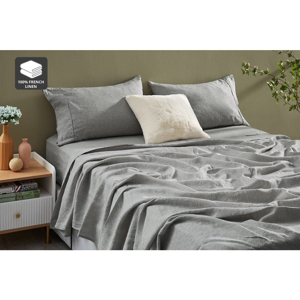 Gabriel French Linen Chambray Bed Sheet Set - Grey Double Fast shipping On sale