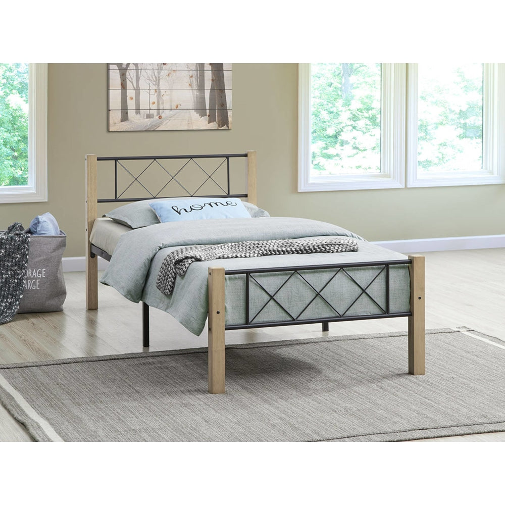 Gale Classic Bed Frame Wooden Post Metal Single Size - Maple & Black Fast shipping On sale