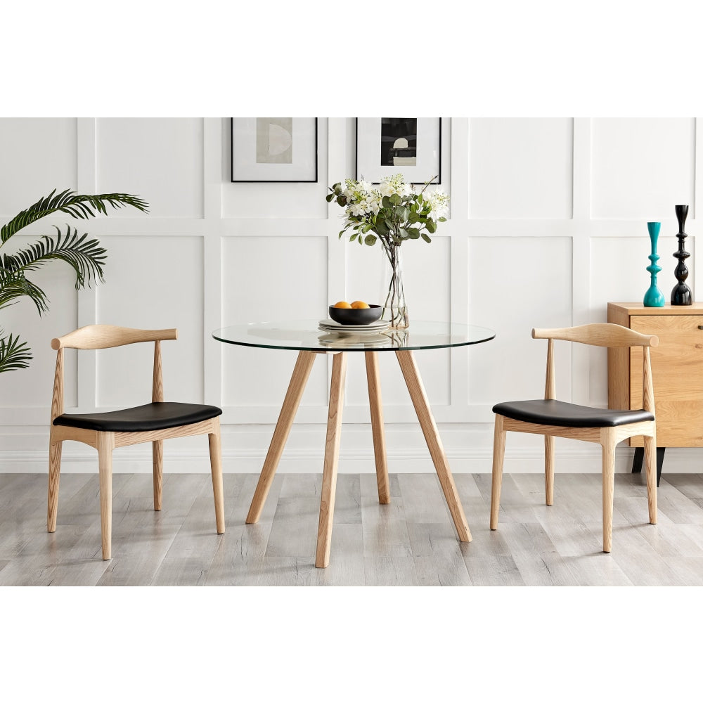 Gina Round Glass Kitchen Dining Table 106cm Wooden Legs - Natural Fast shipping On sale