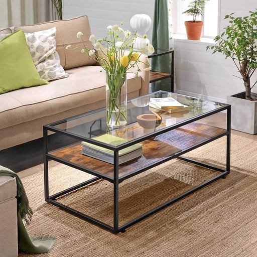 Glass Top Coffee Table Rectangle Rustic Brown Vasagle Fast shipping On sale