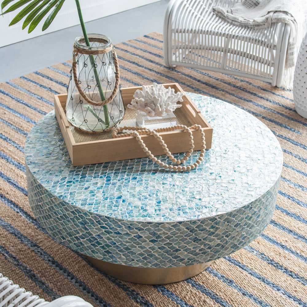 Goa Blue Shell Round Wooden Coffee Table Gold Accent Base Fast shipping On sale